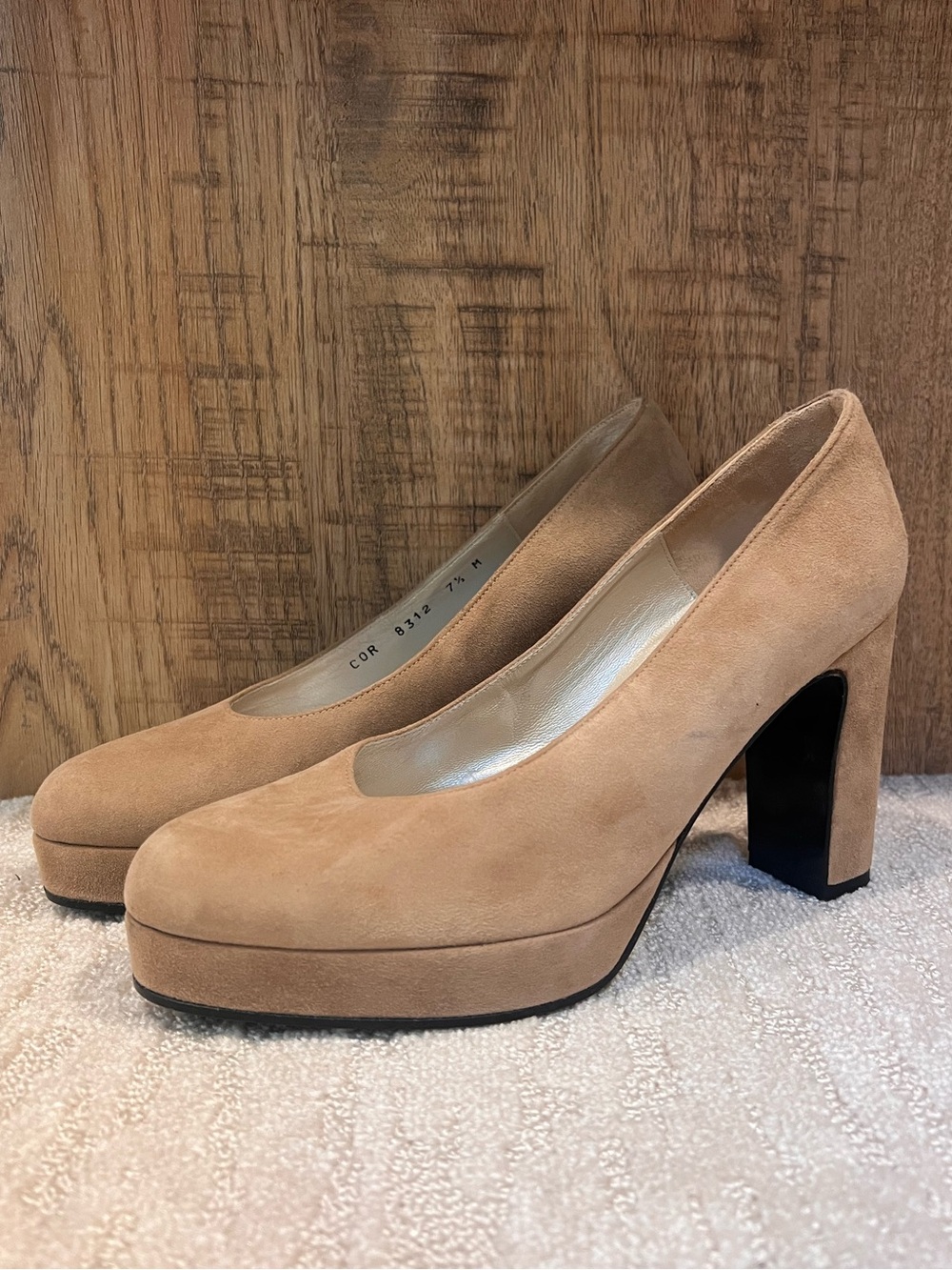 Charlotte Stone Tan Suede Platform Block Heel Pumps Size 7.5